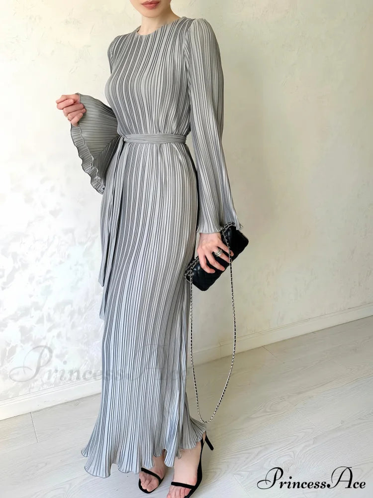 Pleated Ruffle Crew Neck Long Sleeve Casual Dress Xs / Blue Gray Long Sleeve Dress