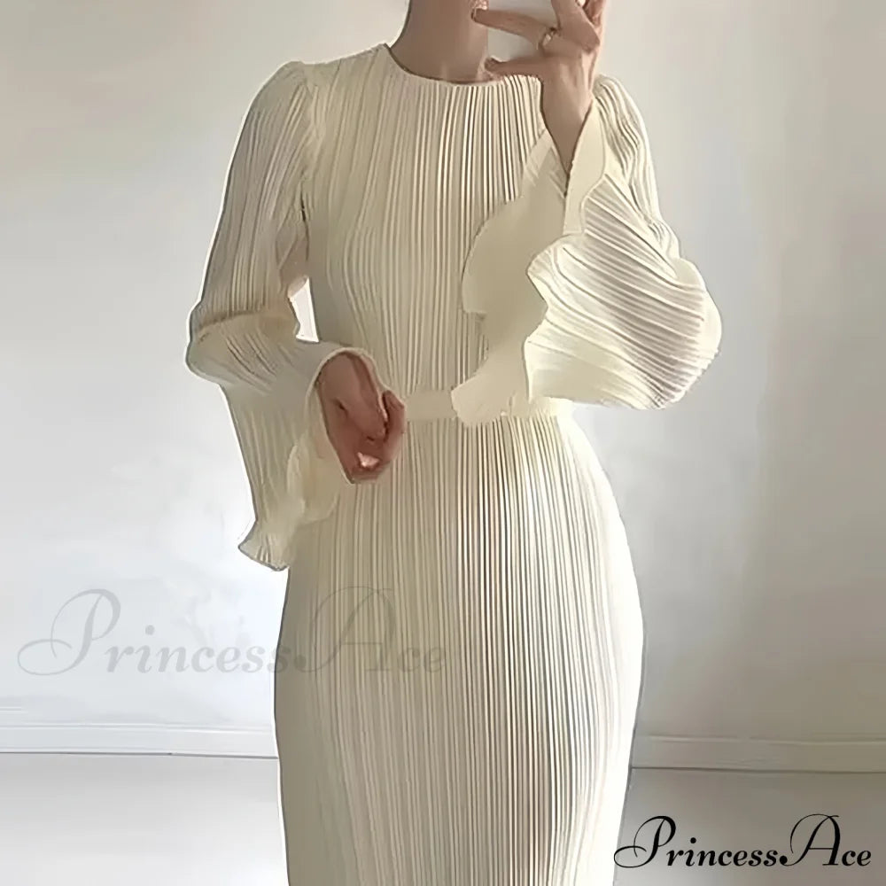 Pleated Ruffle Crew Neck Long Sleeve Casual Dress Xs / Gray Gray Long Sleeve Dress