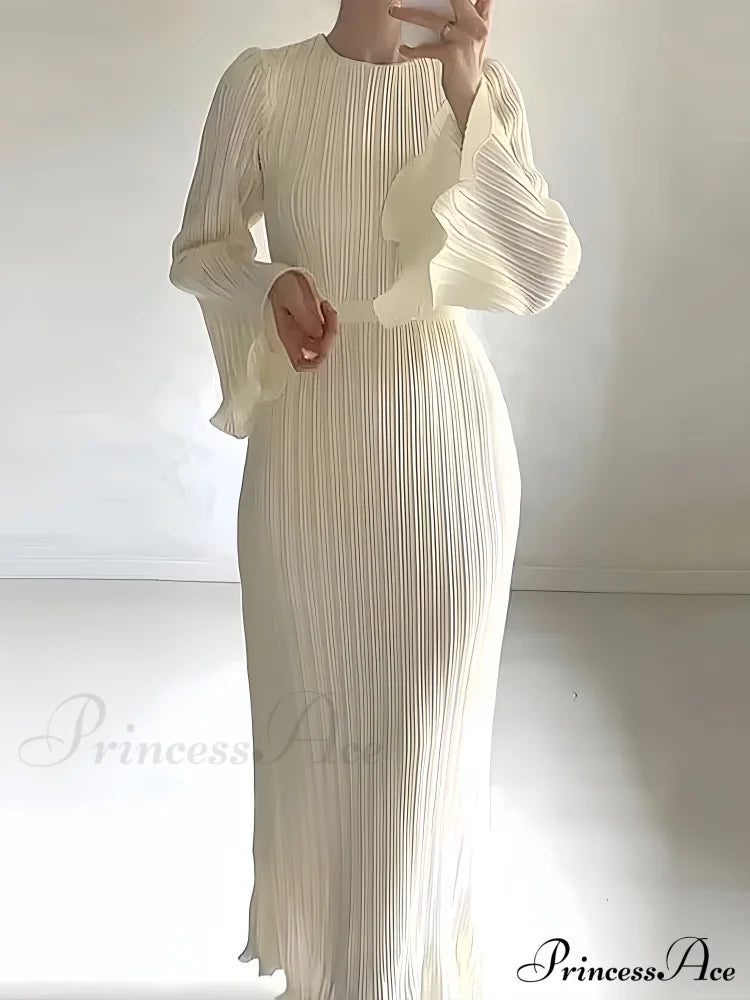 Pleated Ruffle Crew Neck Long Sleeve Casual Dress Xs / White Gray Long Sleeve Dress