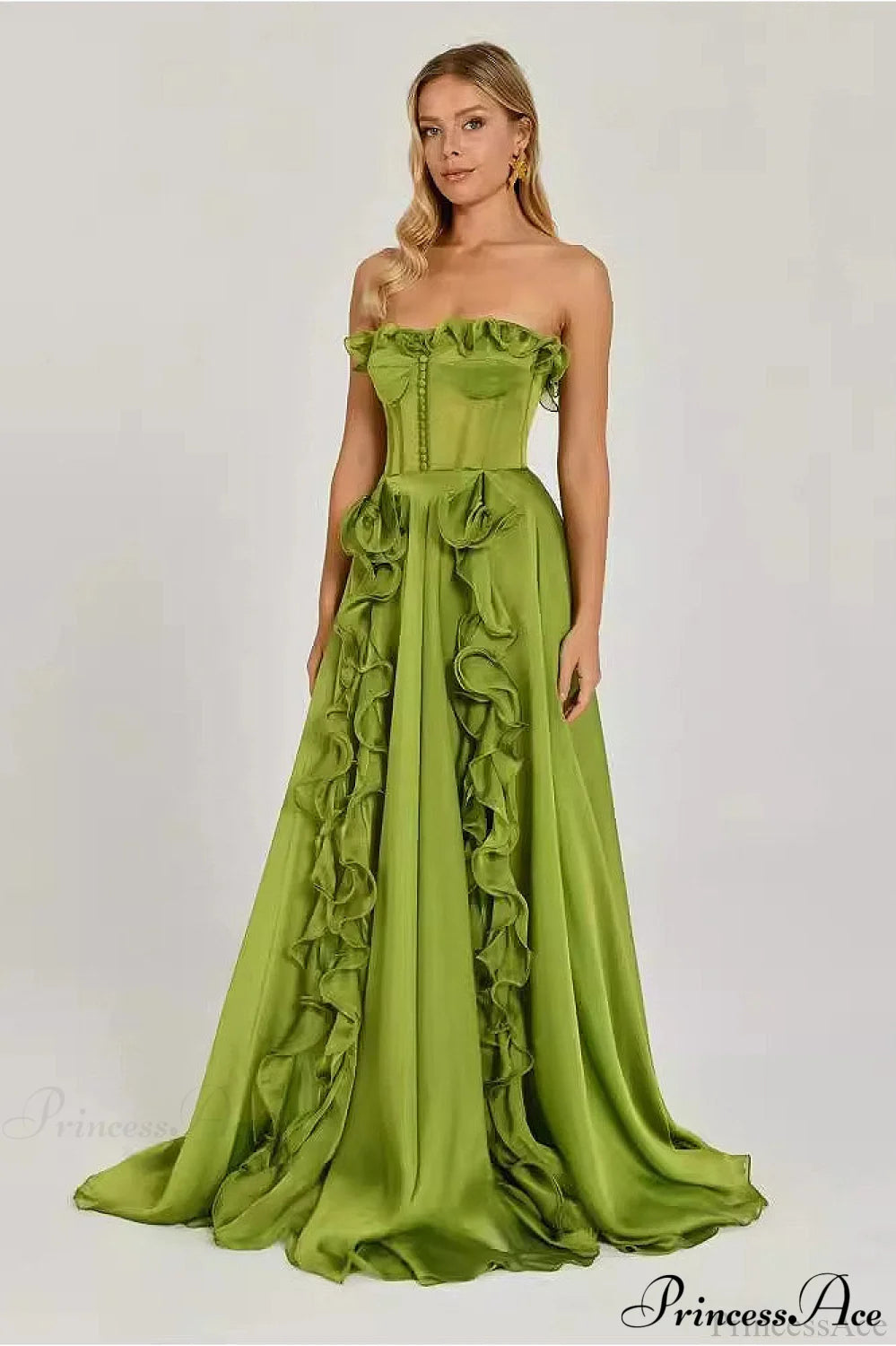 Pleated Ruffle Waist A Line Elegant Party Dress Green / XS