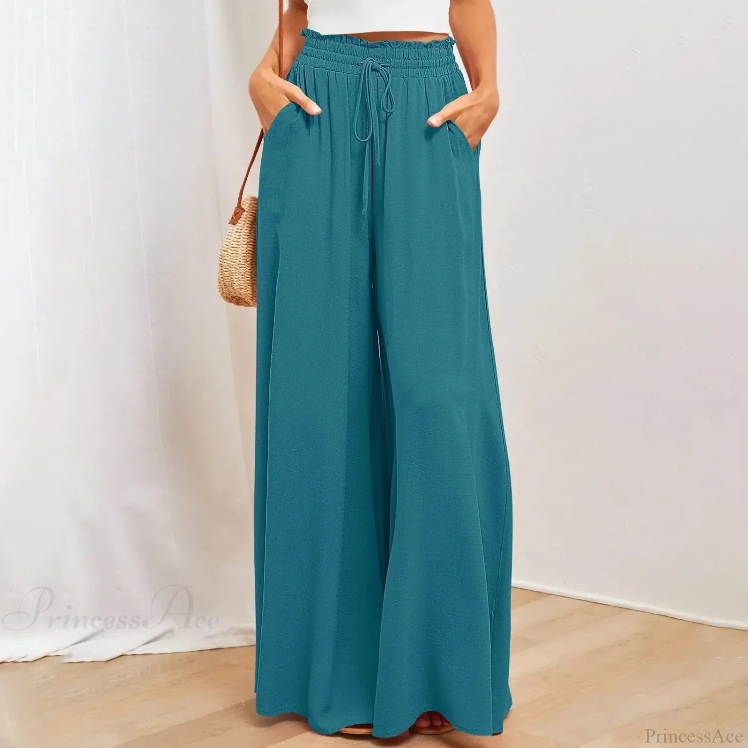 Pleated Solid Wide Leg Culotte Pants Sky Blue / S
