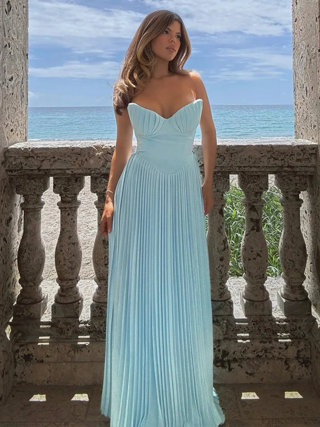 Pleated Waist Wrap A-line Maxi Vacation Dress Blue / S vacationdress-250223