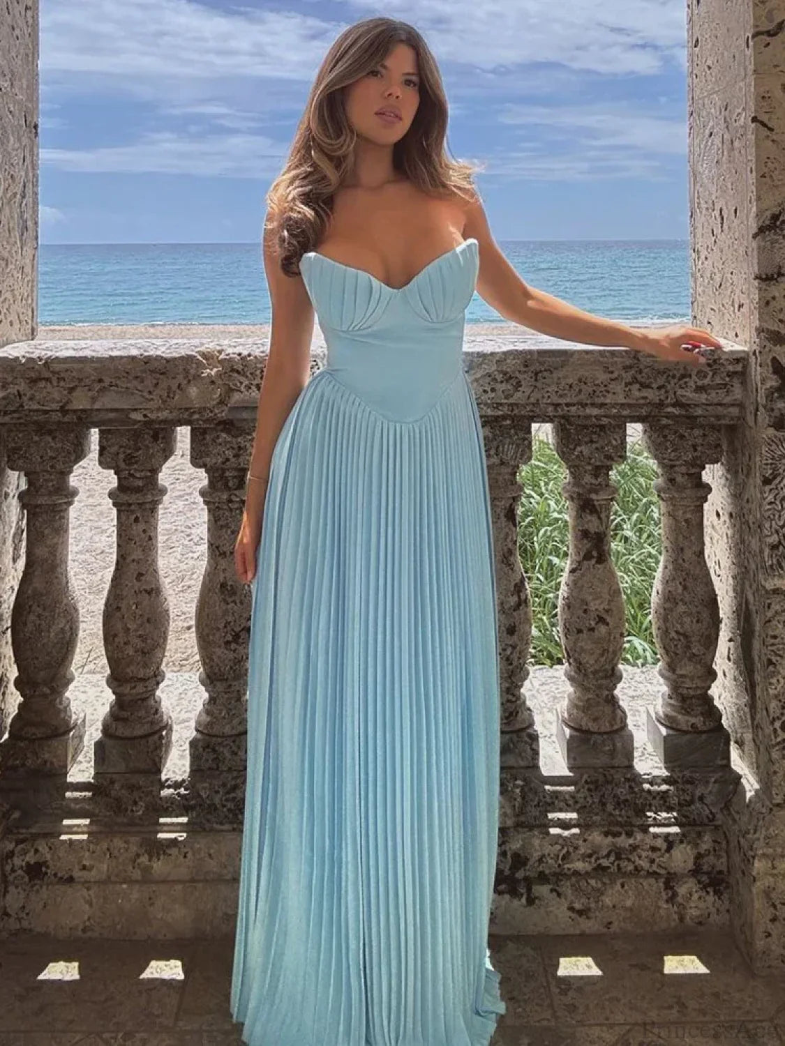 Pleated Waist Wrap A-line Maxi Vacation Dress vacationdress-250223