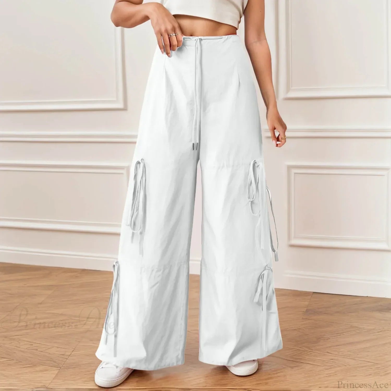 Pleated Wide Leg Sports Bow Tie Pants White / S