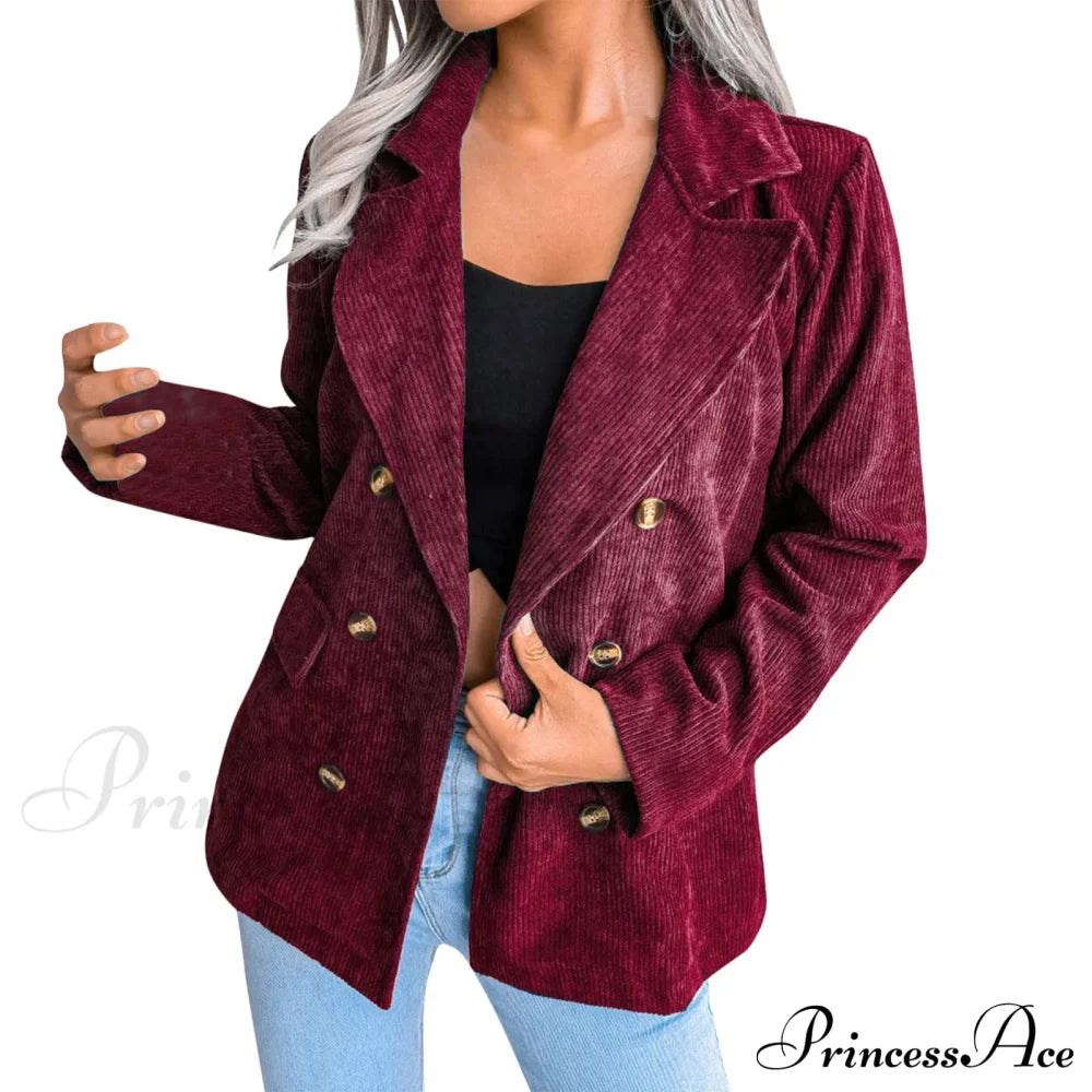 Plus Size Double Breasted Corduroy Long Sleeve Work Office Boyfriend Blazer Chic Stylish Elegant