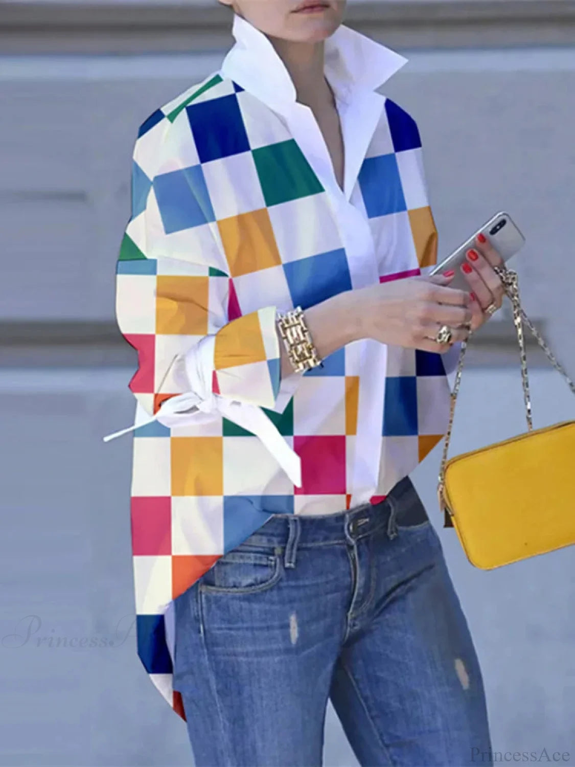 Plus Size Patchwork Plaid Turn-down Collar Blouse blouse-250126