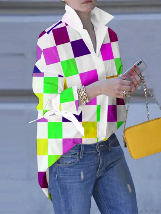 Plus Size Patchwork Plaid Turn-down Collar Blouse blouse-250126