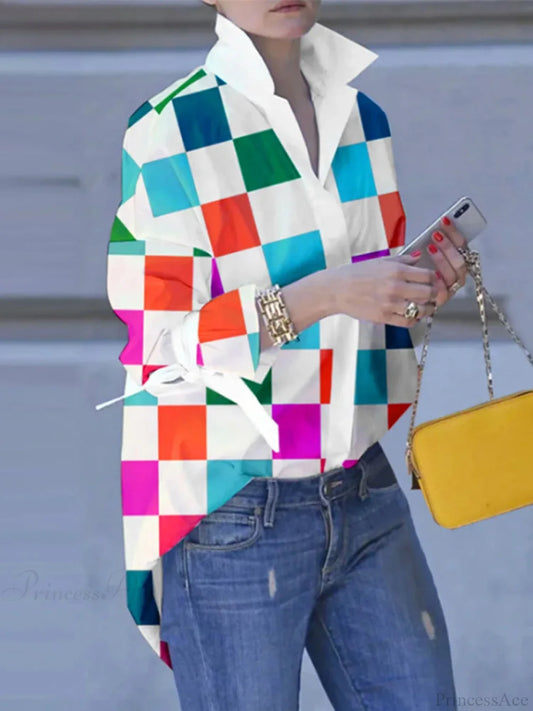 Plus Size Patchwork Plaid Turn-down Collar Blouse Orange / 0XL blouse-250126