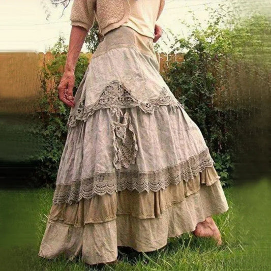 Plus Size Women’s Summer Vintage Ruffles Oversized Lace Maxi Skirts GRAY / S skirt-250126