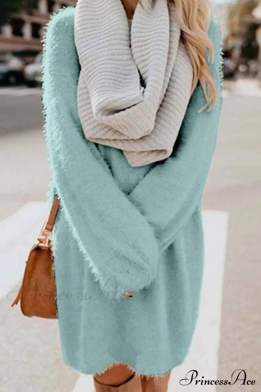 Plush Long Sleeve Crew Neck Dress Light Blue / S Mini Dresses