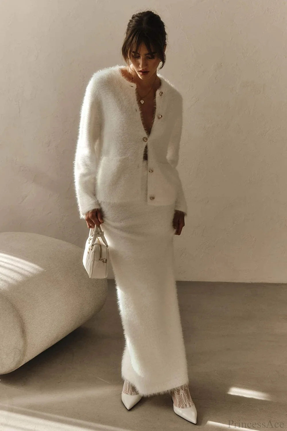 Plush Long Sleeve Single Breasted Open Front Two Piece Set