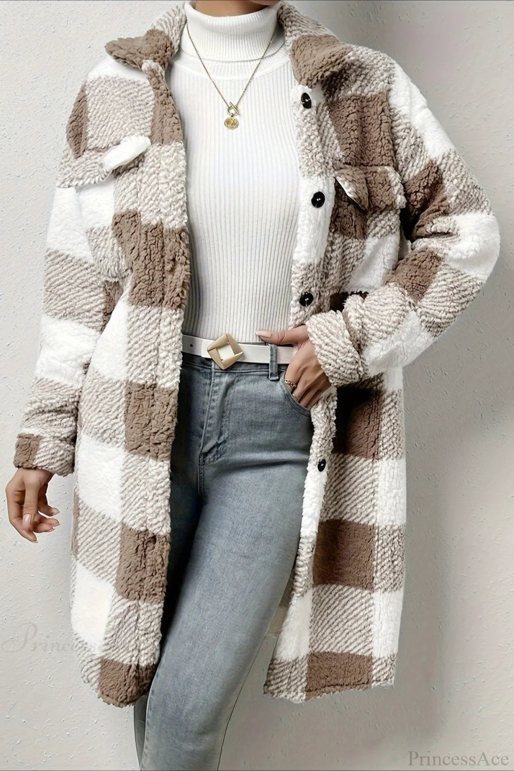 Plush Plaid Button Front Wide Lapel Relaxed Overcoat Khaki / S