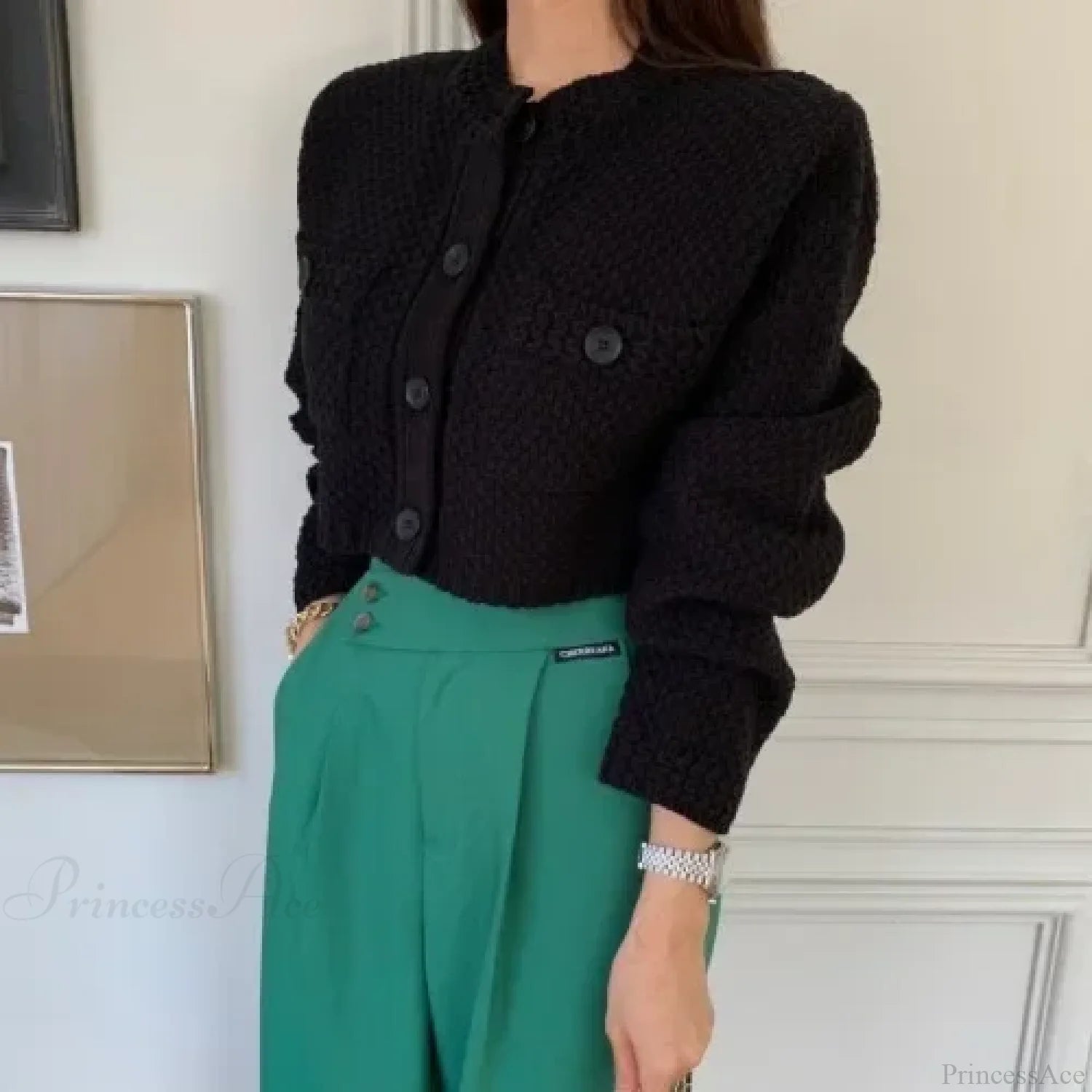 Pocket Cropped Solid O-Neck Knit Cardigan Black / One Size cardiagn-250126