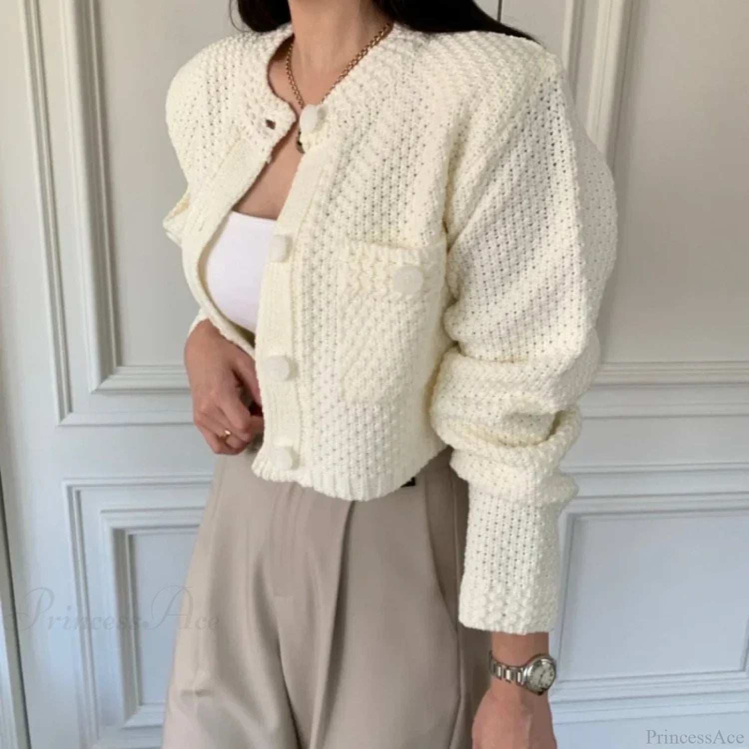 Pocket Cropped Solid O-Neck Knit Cardigan cardiagn-250126