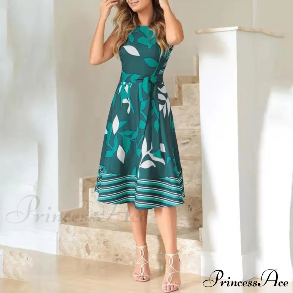 Pocket Design Belted Sleeveless Summer Dress L / Green Dresses