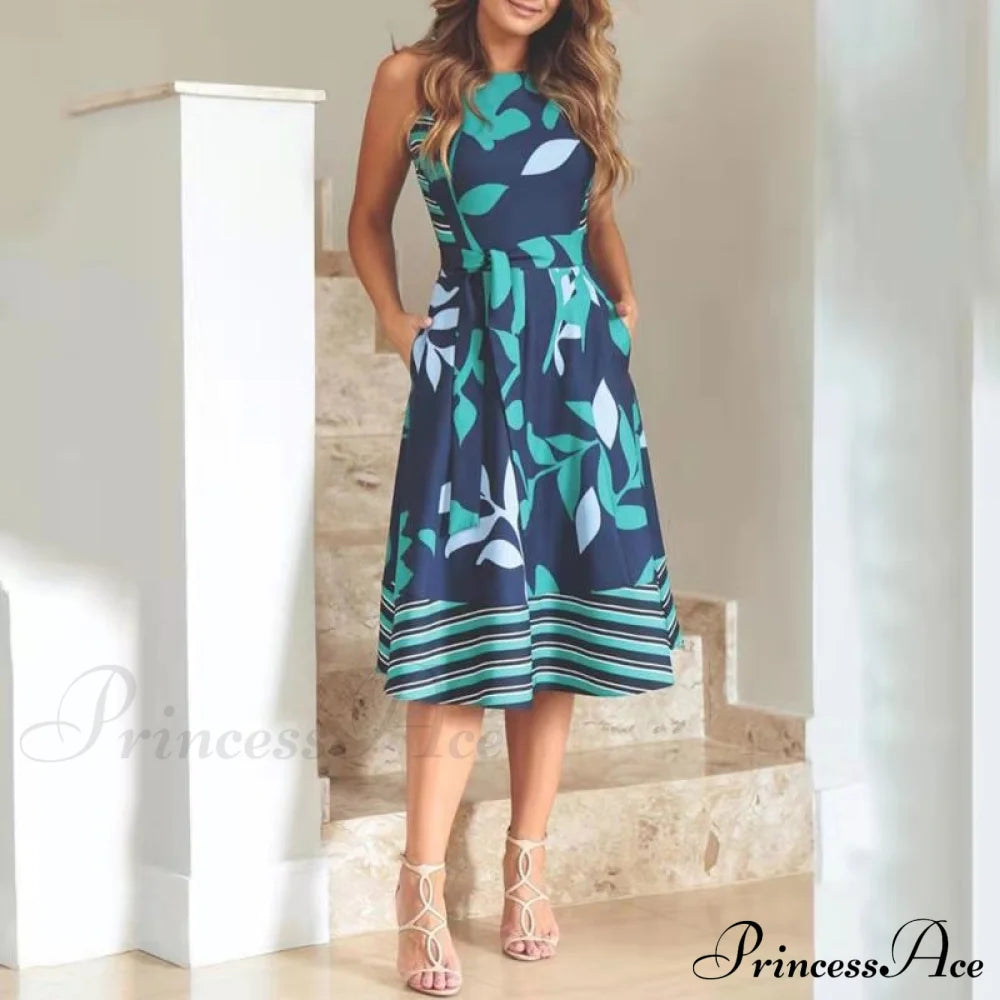 Pocket Design Belted Sleeveless Summer Dress M / Blue Dresses