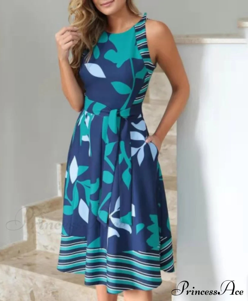 Pocket Design Belted Sleeveless Summer Dress S / Blue Dresses