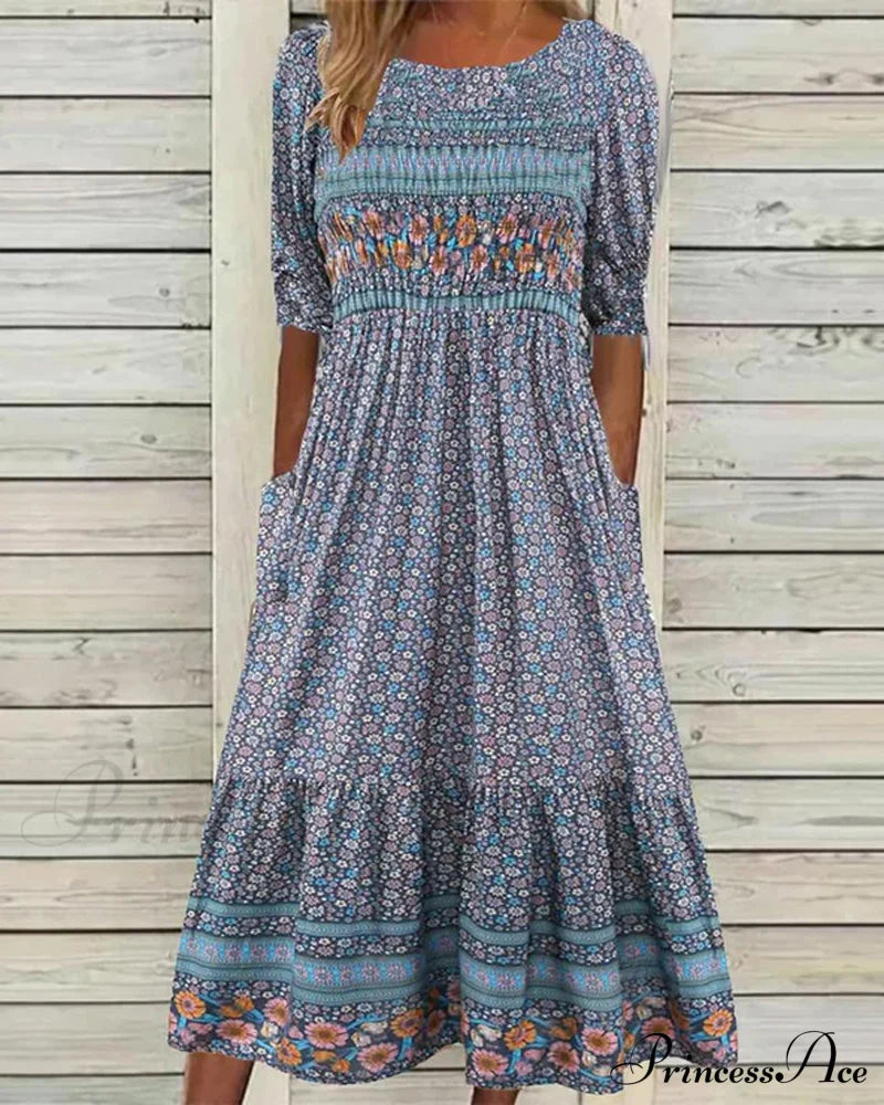 Simple pocket floral dress Blue 23BF Casual Dresses Clothes Dresses Summer