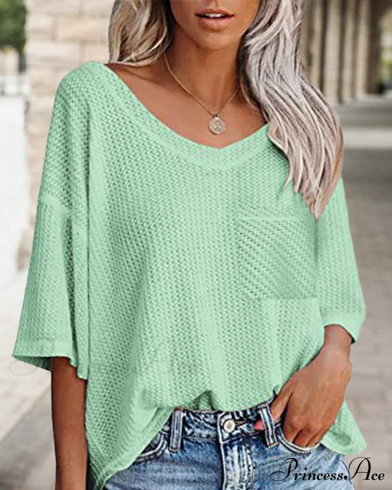V neck pocket short sleeve t-shirt Green 23BF clothes Short Sleeve Tops Summer T-shirts Tops/Blouses
