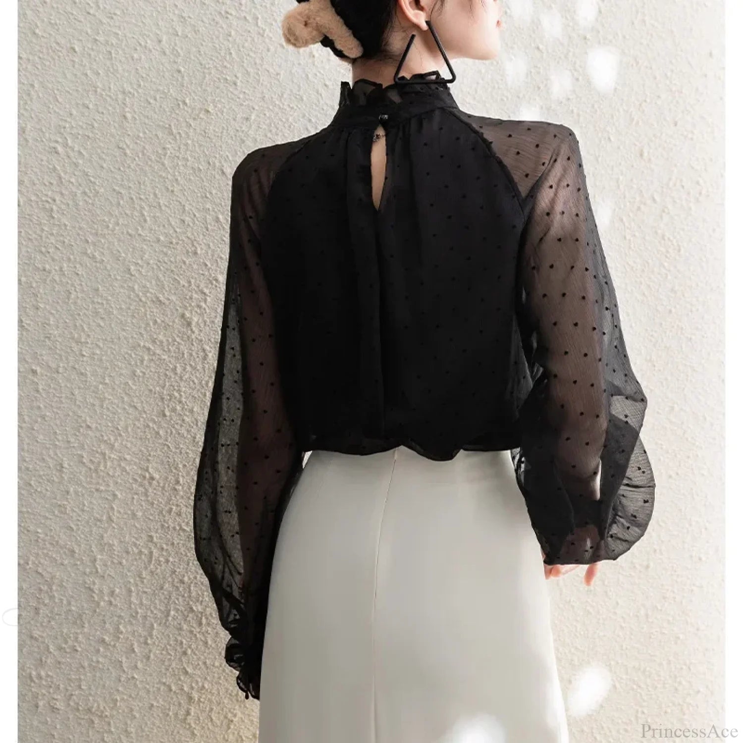 Polka Dot Chiffon Stand Collar Autumn Blouse blouse-250126