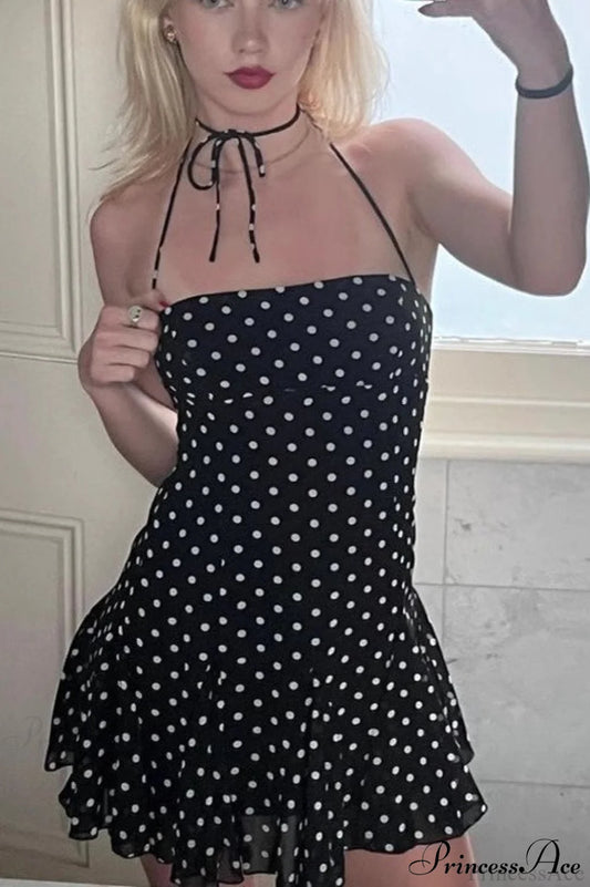 Polka Dot Halter Neck Backless Bodycon Mini Dress