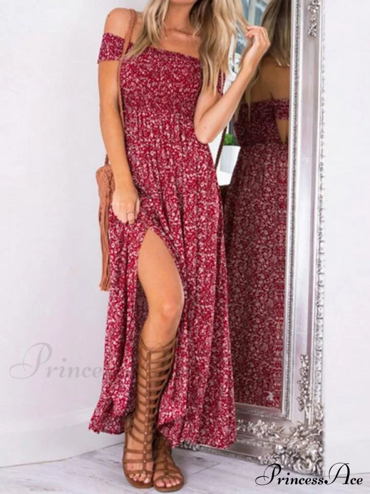 Polka-Dot Off Shoulder Maxi Dress With Side Split S / Blue Dresses