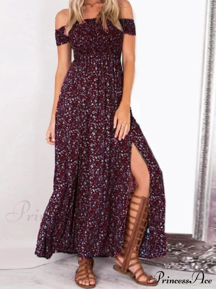 Polka-Dot Off Shoulder Maxi Dress With Side Split S / Burgundy Dresses