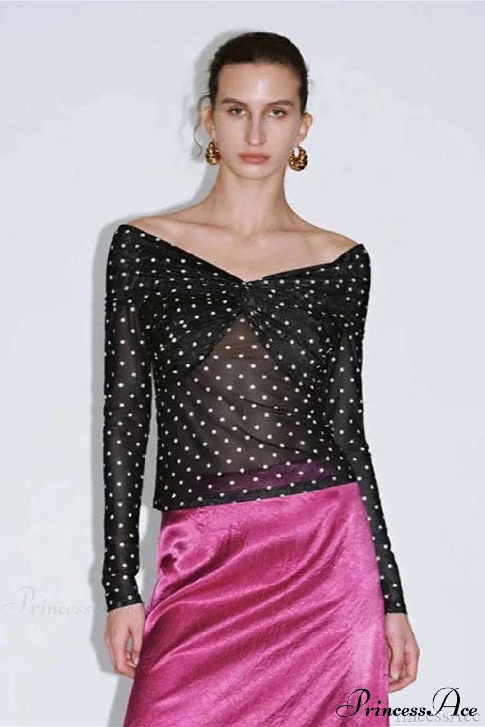 Polka Dot Off Shoulder Ruched Short Long Sleeve Tee