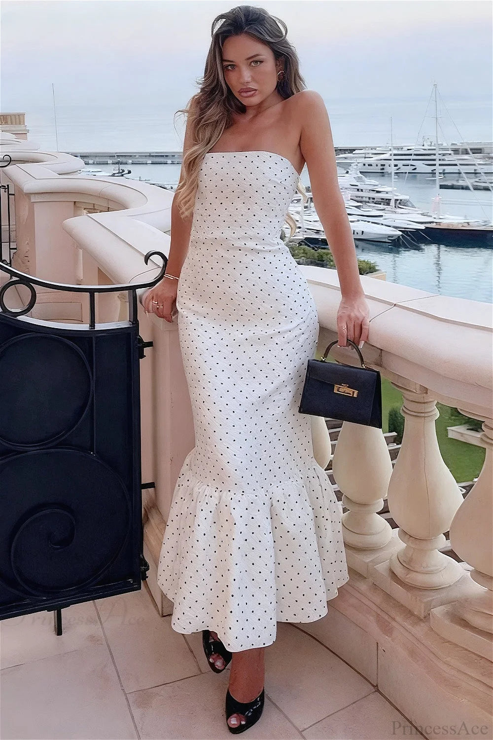 Polka Dot Off Shoulder Strapless Maxi Dress