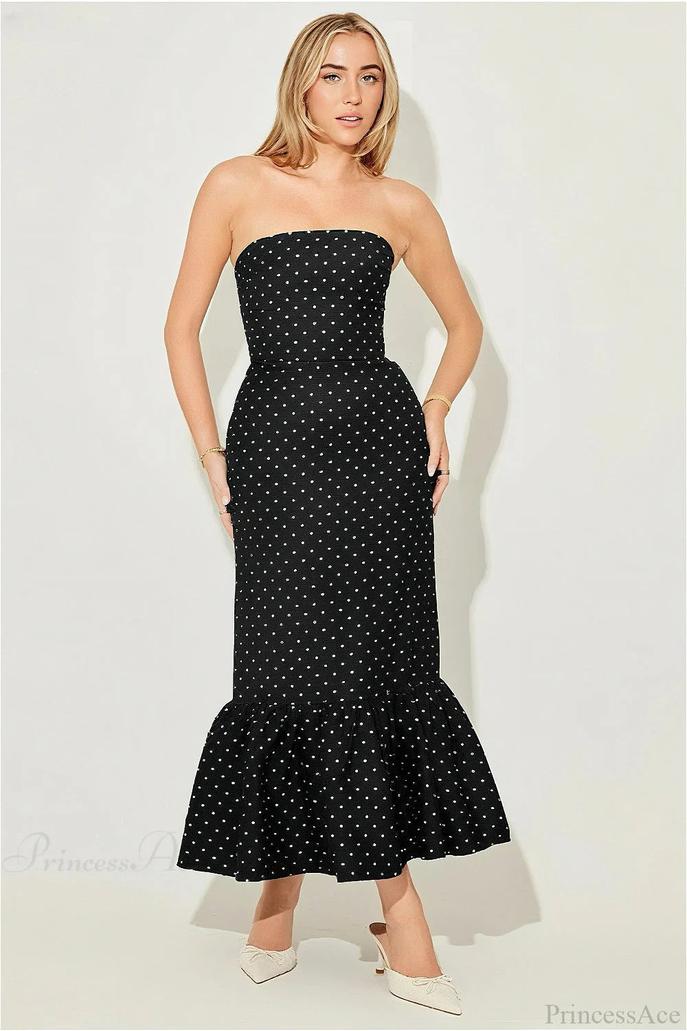 Polka Dot Off Shoulder Strapless Maxi Dress
