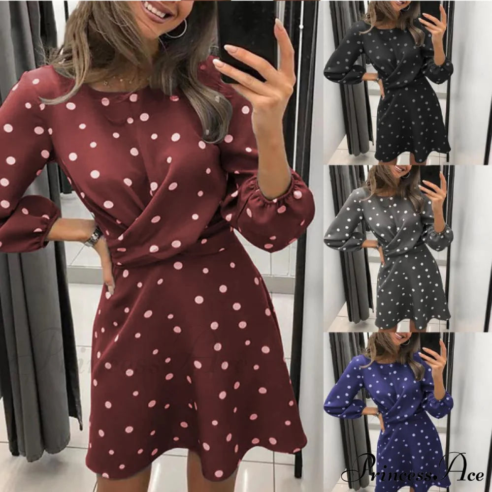 Polka Dot Printed Women’s Dress With O-Neck And Long Sleeves M / Burgundy Dresses
