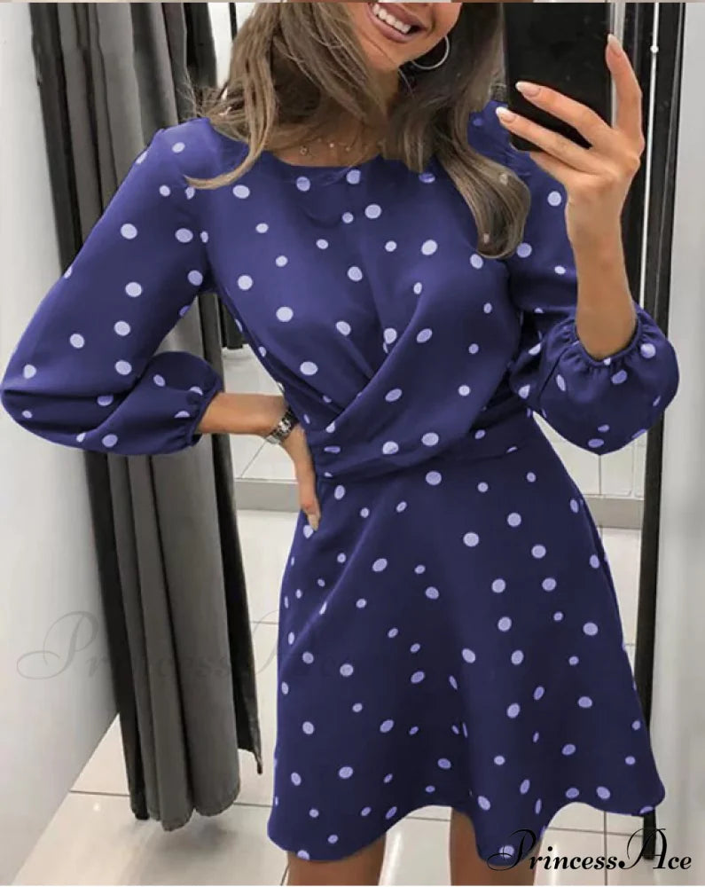 Polka Dot Printed Women’s Dress With O-Neck And Long Sleeves M / Gray Dresses