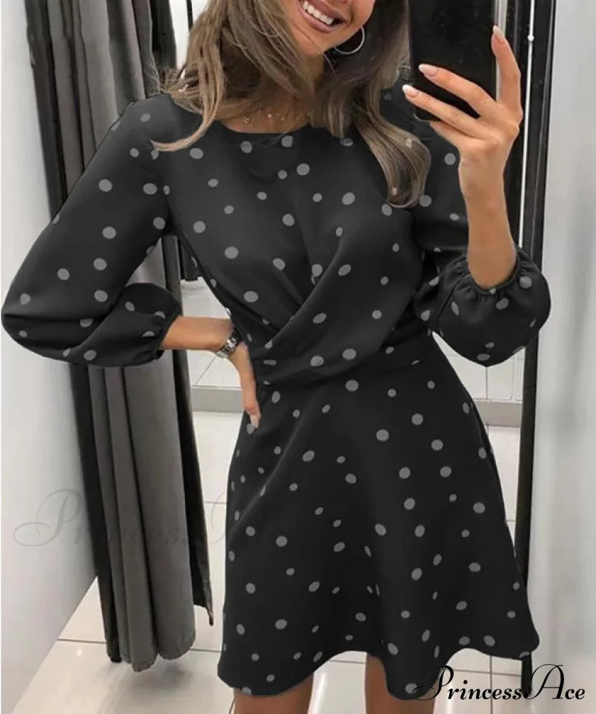 Polka Dot Printed Women’s Dress With O-Neck And Long Sleeves S / Blue Dresses