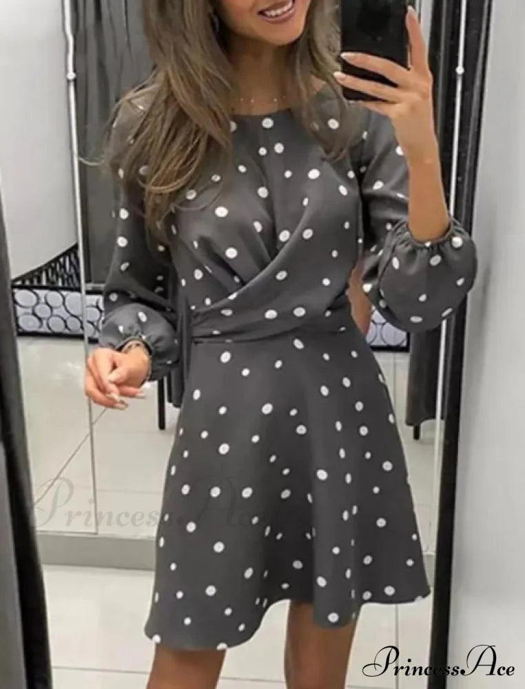 Polka Dot Printed Women’s Dress With O-Neck And Long Sleeves S / Gray Dresses