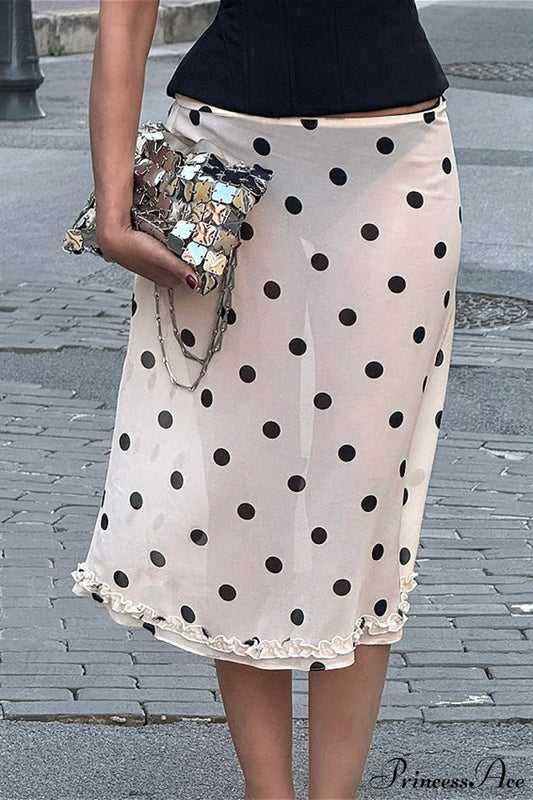 Polka Dot Satin High Waist A-Line Skirt White / S