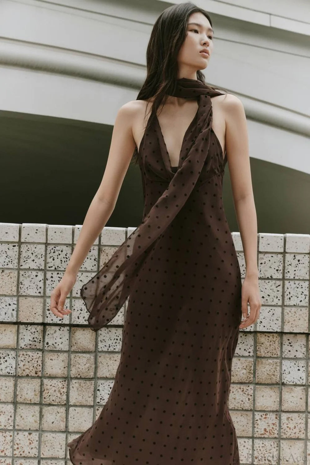 Polka Dot Scarf Neck Halter Maxi Dress