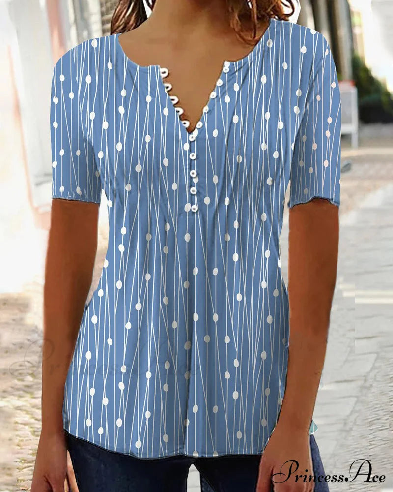 V-neck polka dot T-shirt Blue clothes SALE Short Sleeve Tops Spring Summer T-shirts Tops/Blouses