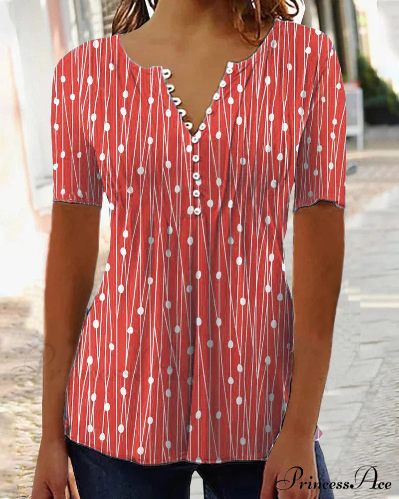 V-neck polka dot T-shirt Red clothes SALE Short Sleeve Tops Spring Summer T-shirts Tops/Blouses