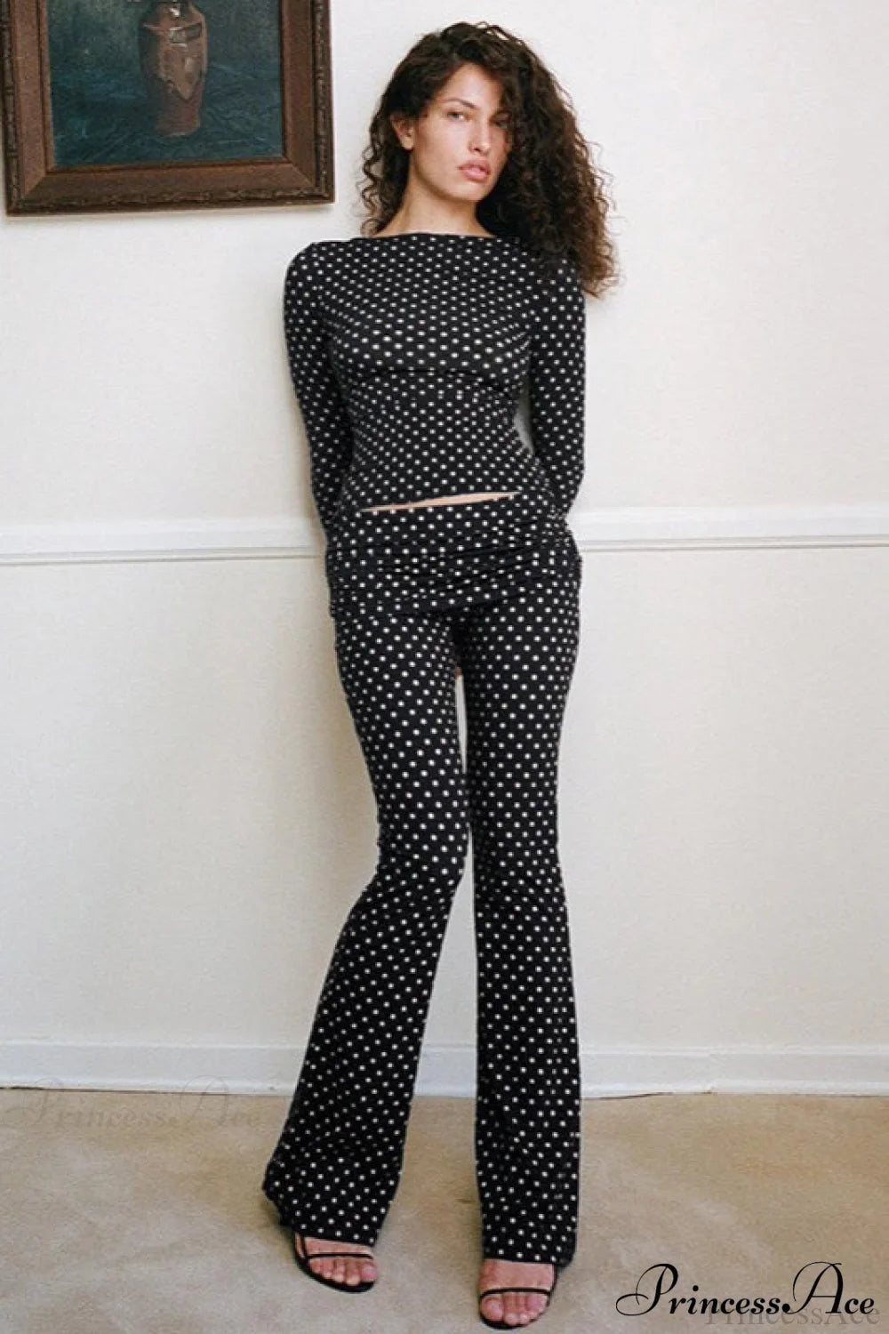 Polka Dot Vintage Off-Shoulder Long Sleeve Flare Two Piece Set Black / S