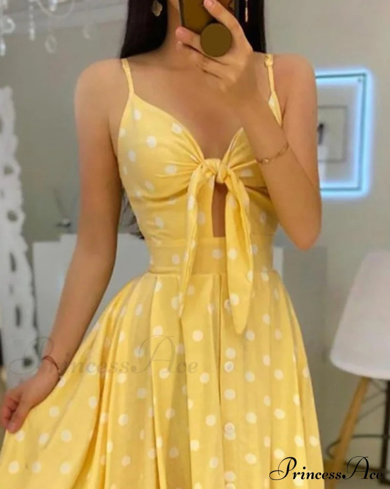 Polkadot Print Maxi Dress With Spaghetti Straps And Knotted Design S / Blue Dresses