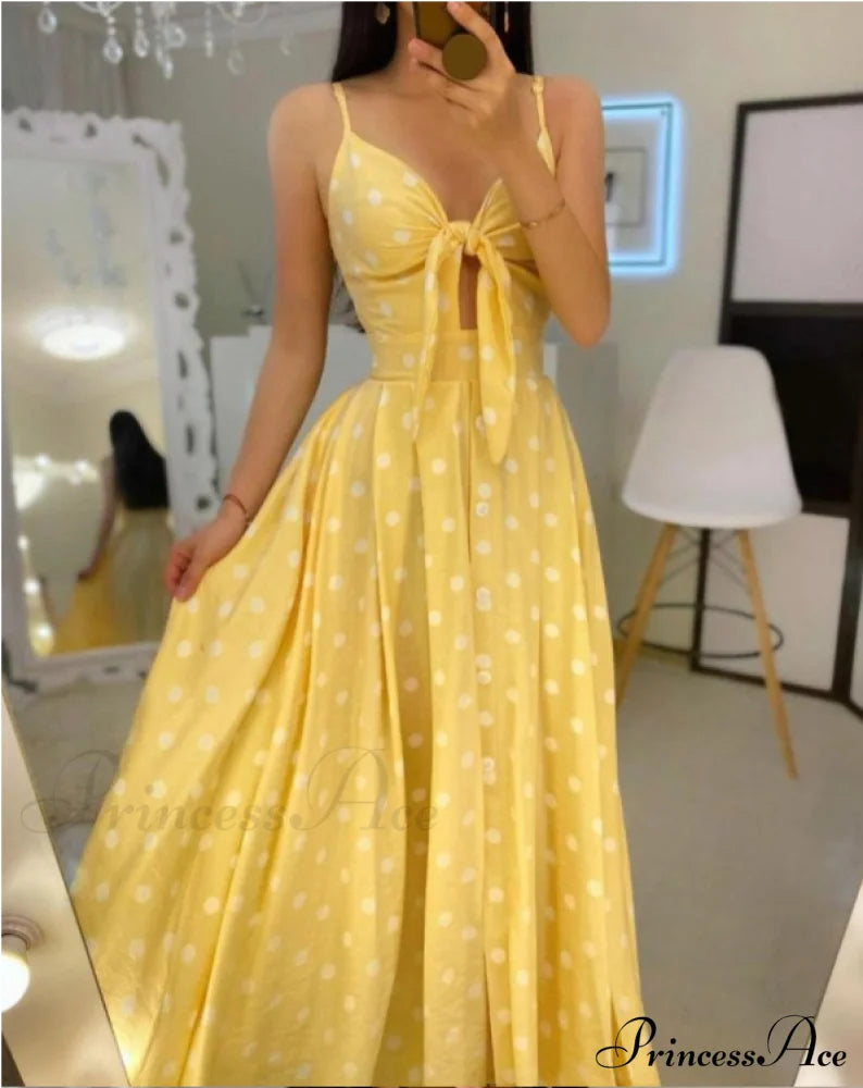 Polkadot Print Maxi Dress With Spaghetti Straps And Knotted Design S / Yellow Dresses