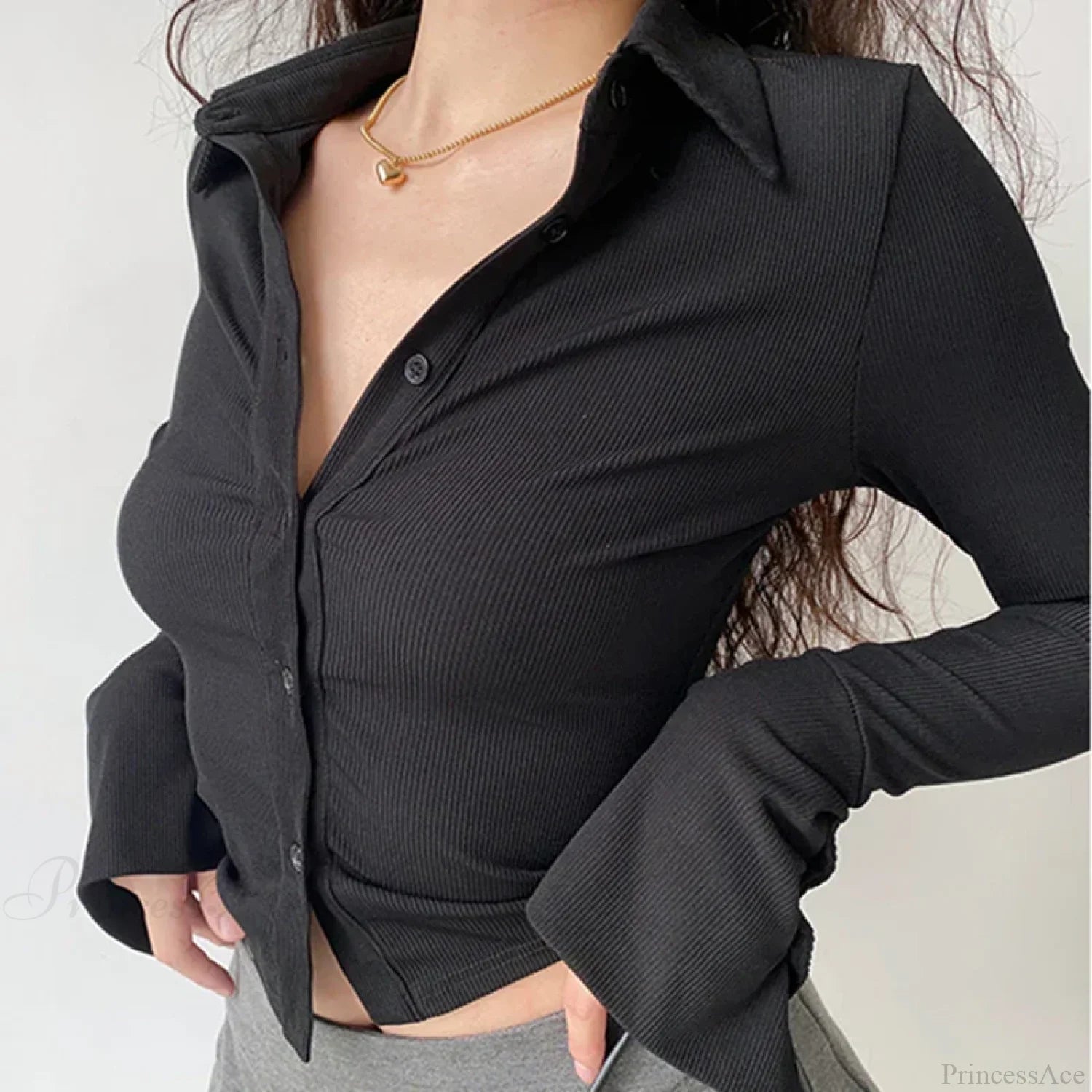 Polo Lapel Flared Sleeve Blouse Black / S blouse-250223