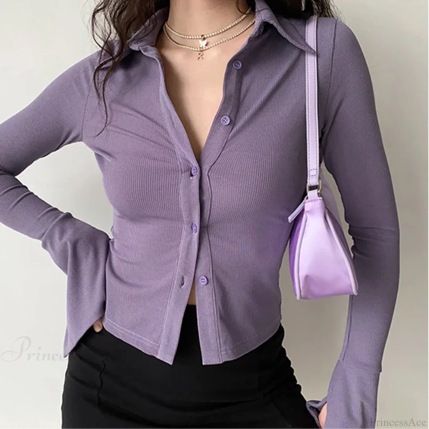 Polo Lapel Flared Sleeve Blouse Purple / S blouse-250223