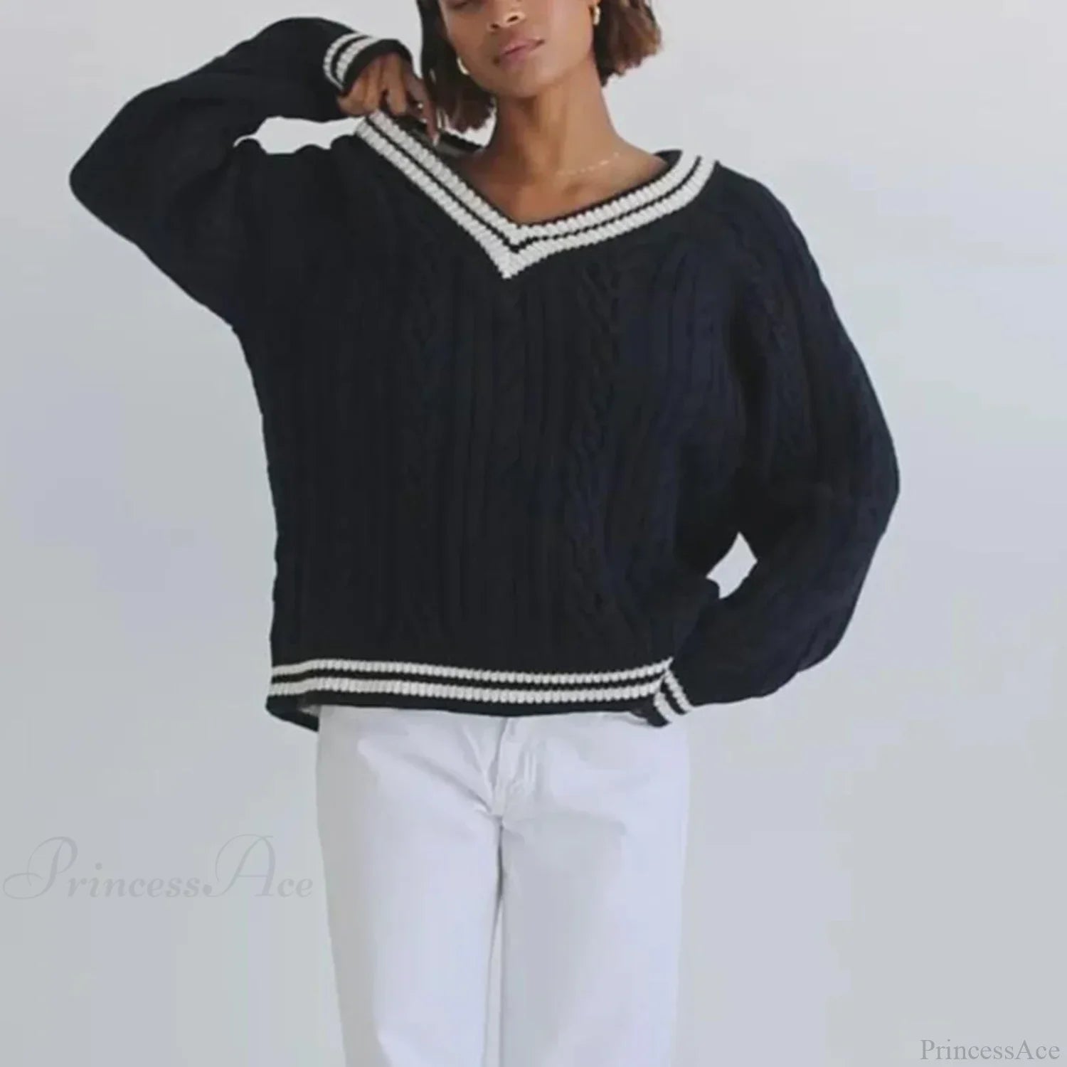 Preppy Cable Knit Striped V-neck Sweater