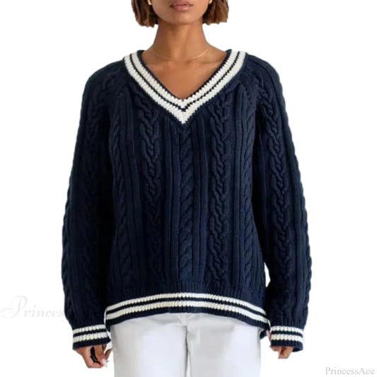 Preppy Cable Knit Striped V-neck Sweater Navy Blue / S