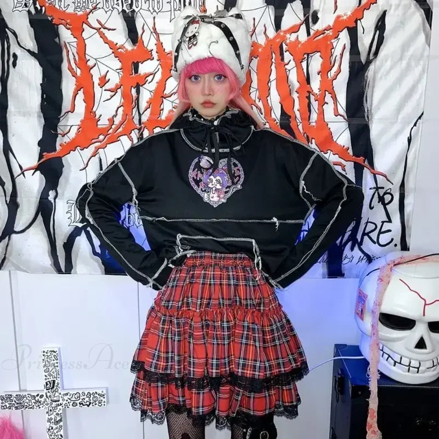 Preppy Plaid Patchwork Lace Skirt Red / S