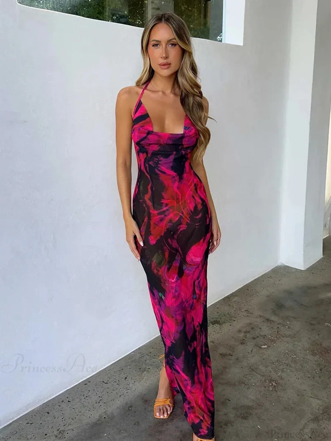 Print Elegant Midi Halter Vacation Dress Rose Red / S vacationdress-250223