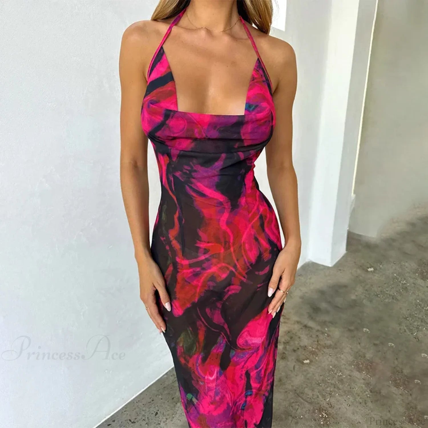 Print Elegant Midi Halter Vacation Dress vacationdress-250223