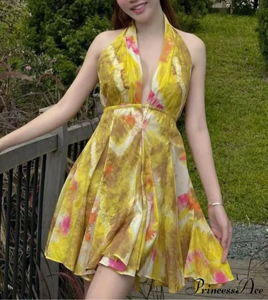 Print Halter Open Back Graceful Sleeveless V Neck Mini Dress