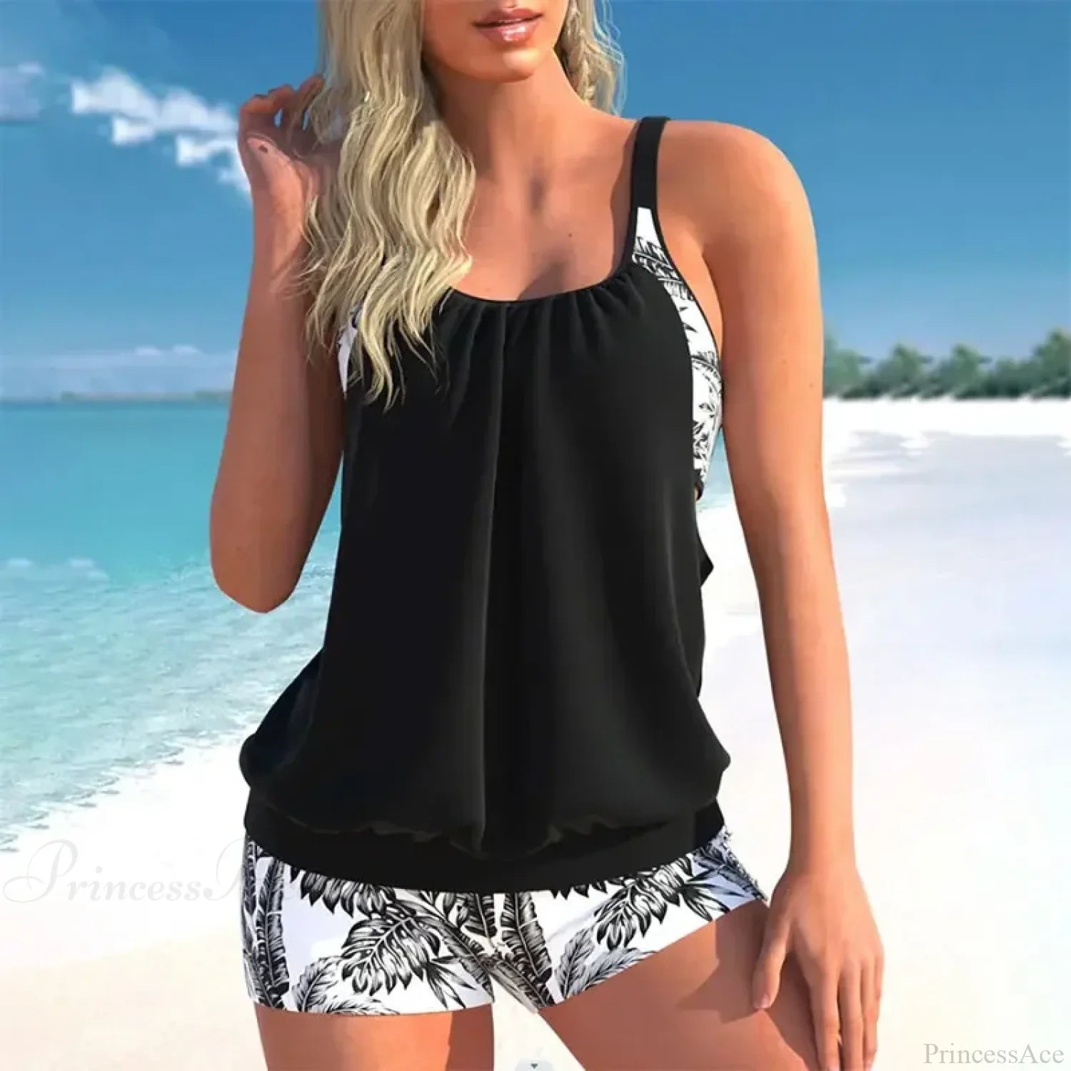 Print High Waist Tankini Two Piece Set black / S